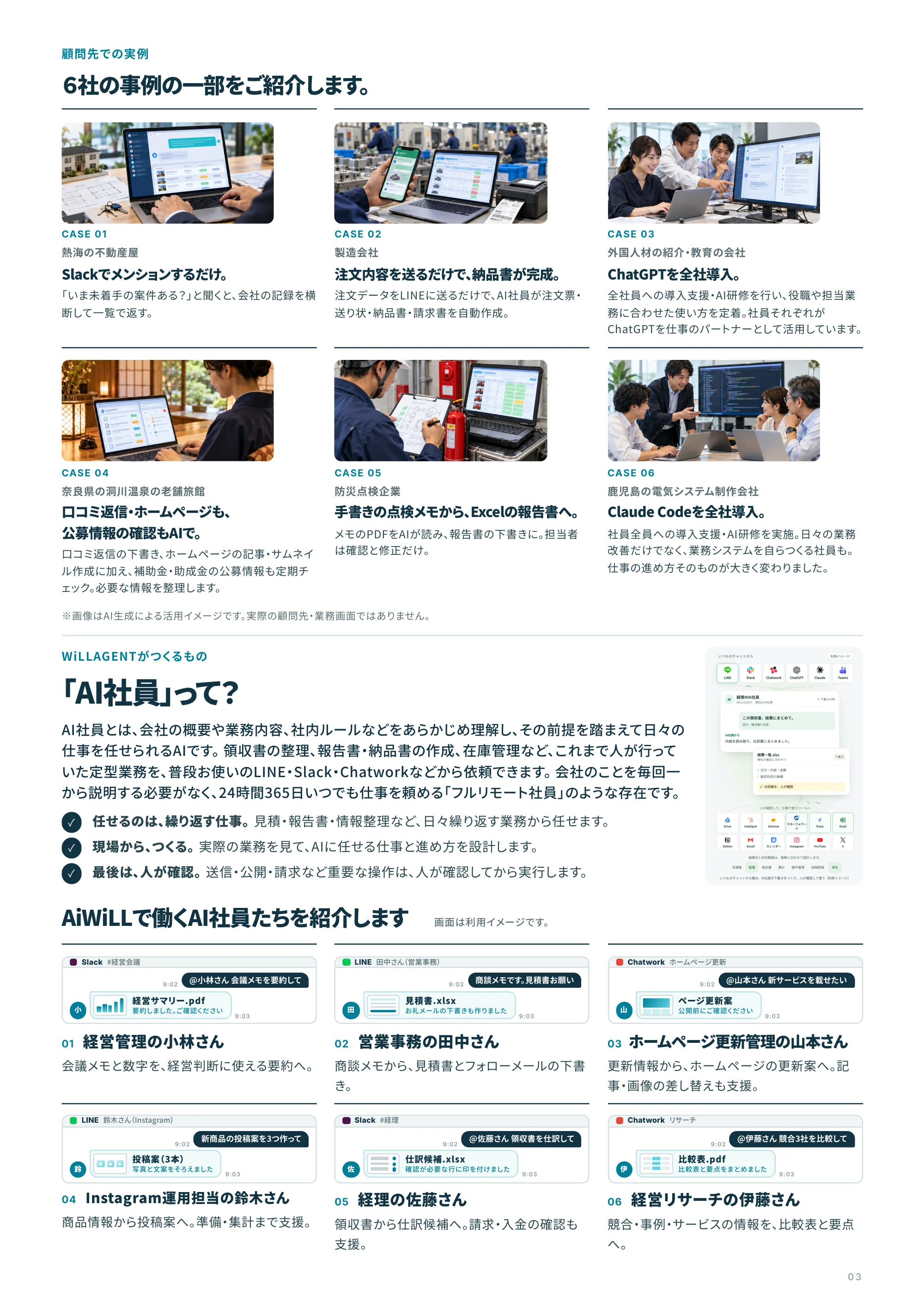 3ページ：6社の導入事例／AI社員の仕組み／LINE・Slack・Chatworkで依頼する6人のAI社員
